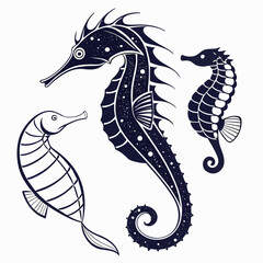 Set of three stylized seahorses graphic line art illustration with deep sea © Madical