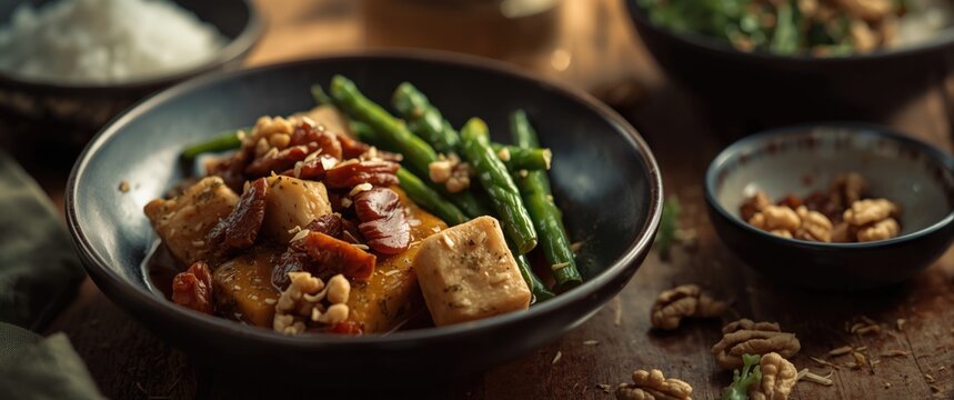 Xian Bing with Tofu and Green Beans Rustic Table Setting, Warm Lighting