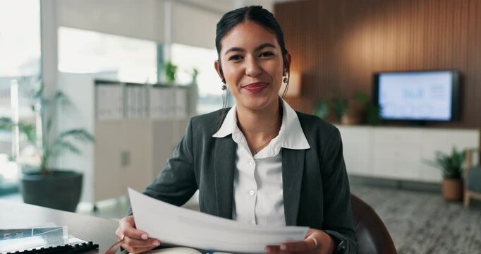 Video call, face and businesswoman with paperwork in office, greeting and hiring process on website. Hr, pov and person with documents for job interview, virtual meeting and discussion in business