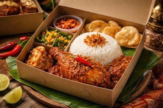 Rice box lunch with rich ayam rendang served at celebratory occasions