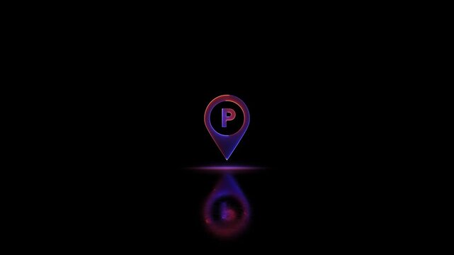 Neon glowing Parking Icon Pin Marker video animation on black background. Parking location, icon of parking location animation. Neon car, cycle, truck, motorcycle, zeep parking sign video animation.