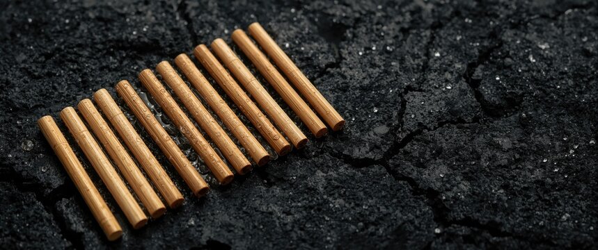 Bamboo charcoal sticks demonstrating strong water filtration on a dark textured charcoal base