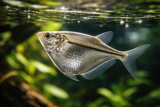 Sparkling silver hatchetfish near water surface displaying slender side flattened body in aquarium