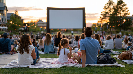 Fototapeta premium Twilight outdoor cinema event with families on blankets facing inflatable screen in municipal park, warm dusk sky behind, children eating popcorn, adults reclined, summer evening community gathering