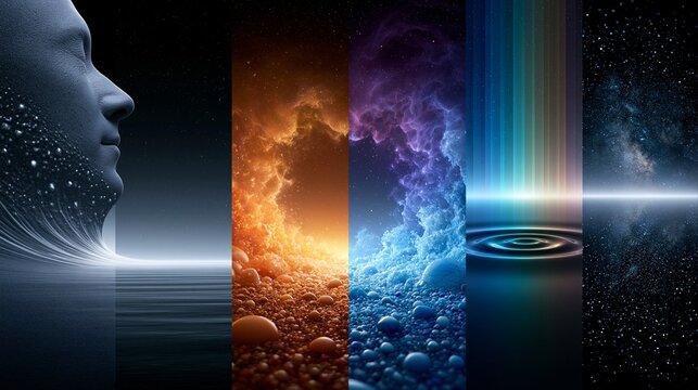 Eine abstrakte Bildkomposition zeigt mehrere Elemente wie Feuer, Wasser, Erde und Licht nebeneinander in farbintensiven Streifen.