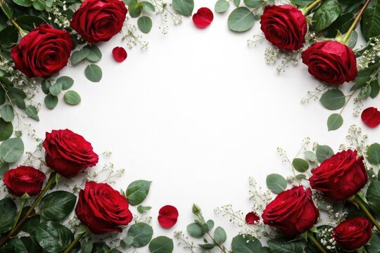 Stylish flat lay of deep red roses and assorted green leaves on a white background with spacious area for copy space