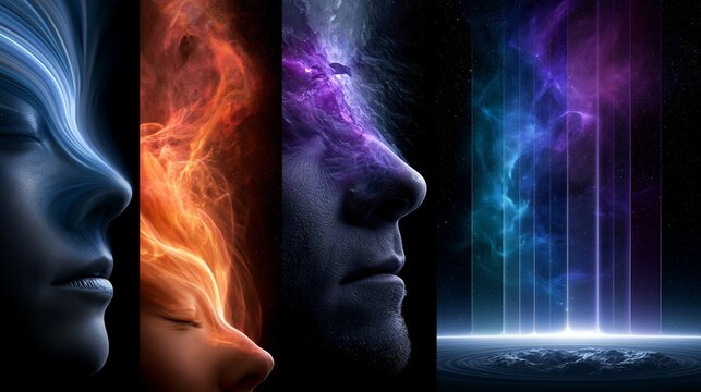 Vier nebeneinander montierte Gesichtsprofile in verschiedenen Farben und Lichtstimmungen bilden eine mystisch-abstrakte Collage.