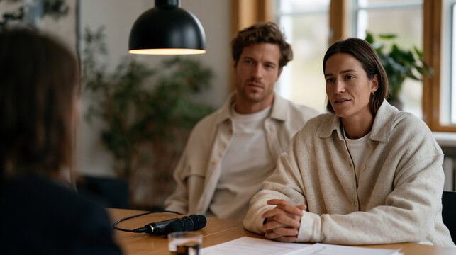 Sociologist interviews a young man in a minimalist university research office, audio recorder on the table between them as the participant describes his experience leaving an religious group, printe