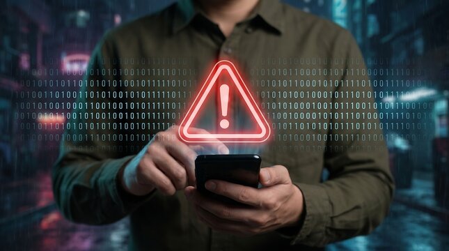 Person holding smartphone with glowing red warning triangle icon and digital binary code background symbolizing high risk cybersecurity breach or software error notification