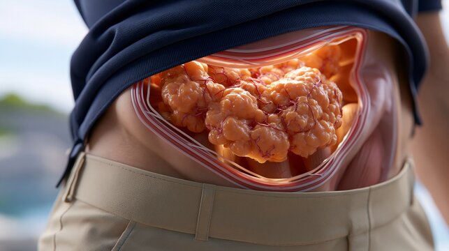 Eine medizinische Illustration zeigt einen transparenten Bauch mit sichtbaren entz&uuml;ndeten Eingeweiden und Darmbereich.