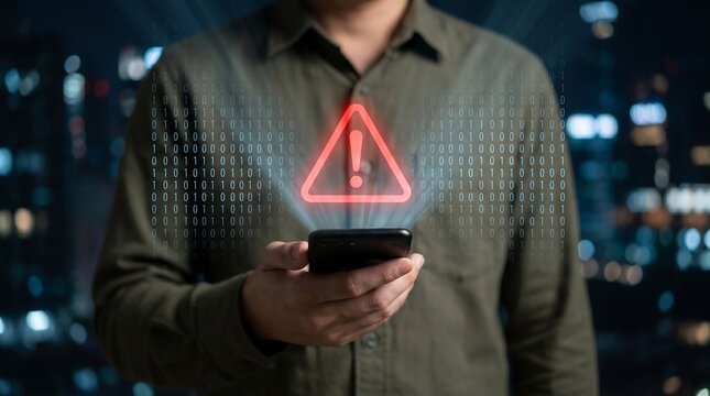 Person holding smartphone with glowing red warning triangle icon and binary code background representing digital threat or software system security vulnerability notification
