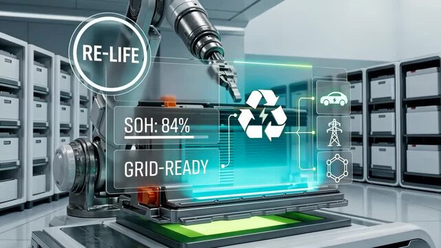 A robotic ARM scanning electric vehicle battery for second life grid storage, smart grid monitoring, battery recycle