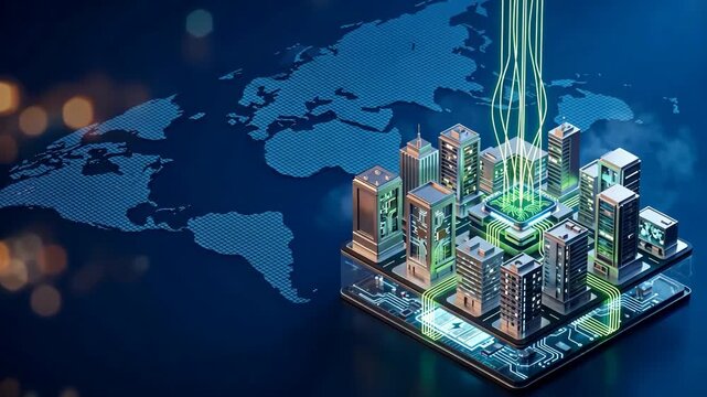 An isometric future city map with AI neural network for energy load forecasting, smart grid monitoring, urban planning