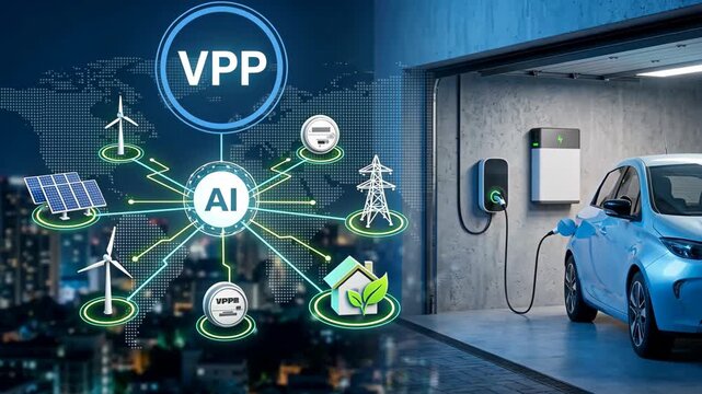 A virtual power plant UI connecting with home ev charger and solar panel network, smart grid monitoring, sustainable tech