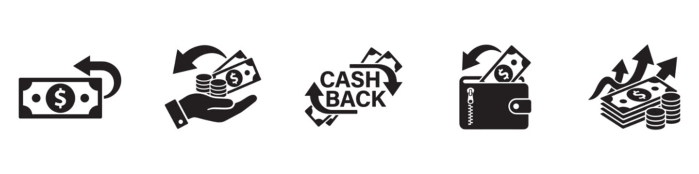 Cash back icon set. Money return and refund symbol. Financial profit growth, wallet and cash reward sign. Vector illustration