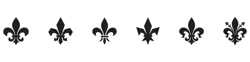 Fleur-de-lis icon set. Heraldic lily symbol collection. Royal lily ornament, medieval french decoration and scout emblem signs. Vector illustration, flat black silhouettes on white background. © Jeremy_Show