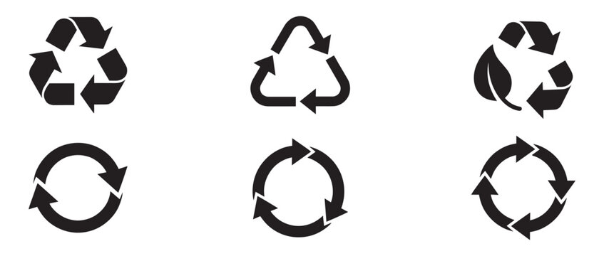 Recycle vector icon set. Arrows, heart and leaf recycle eco green symbol. Rounded angles. Recycled signs illustration isolated on white background. Recycling arrow ecofriendly. Vector Illustration.
