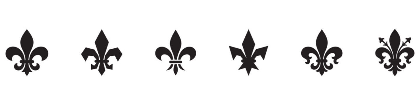 Fleur-de-lis icon set. Heraldic lily symbol collection. Royal lily ornament, medieval french decoration and scout emblem signs. Vector illustration, flat black silhouettes on white background.