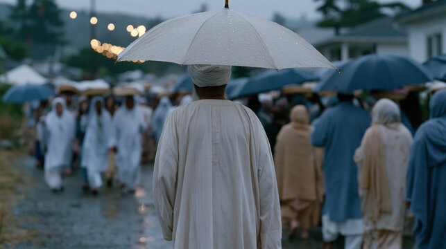 Multicultural group of neighbors carries homemade fothrough the rain-soaked streets toward a shared interfaith community potluck dinner held in a local mosque community hall, umbrellas bobbing above