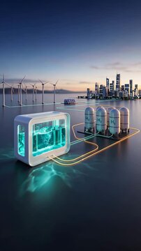 A green hydrogen smart grid hub with electrolyzer connected to a wind farm and city, smart grid monitoring, h2 energy