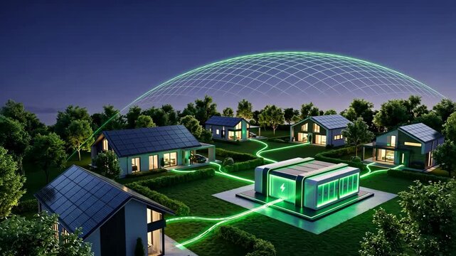 A suburban microgrid at night with solar roofs and central community battery hub, smart grid monitoring, eco Futurism