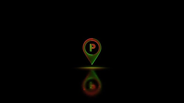 Neon glowing Parking Icon Pin Marker video animation on black background. Parking location, icon of parking location animation. Neon car, cycle, truck, motorcycle, zeep parking sign video animation.