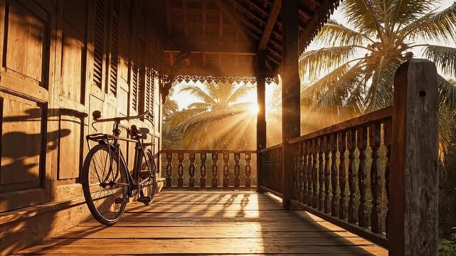 Cinematic slow motion of a vintage bicycle on a traditional Malay wooden house porch during a peaceful golden hour sunset.