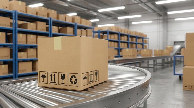 Cardboard parcel with shipping icons placed on industrial steel roller conveyor system in large warehouse facility ready for shipment and distribution to customers globally
