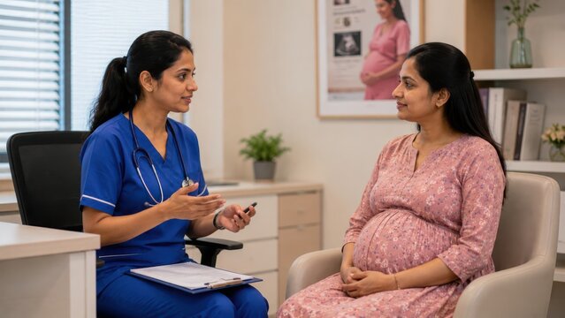 Indian healthcare professional having an informative consultation with a pregnant woman in a modern clinical office.