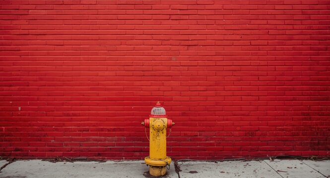 A vibrant red brick wall with a classic fire hydrant in front