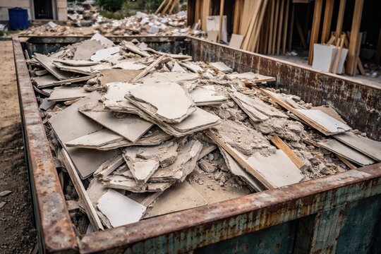 Scrap drywall and building waste inside construction area dumpster
