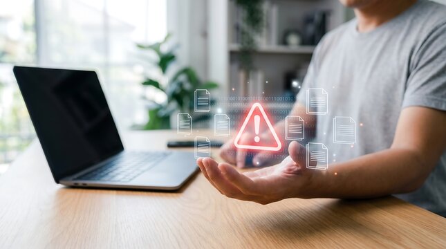 Man sitting at desk working on laptop with digital holographic interface showing file error warning symbol and data corruption notification in modern home office workspace