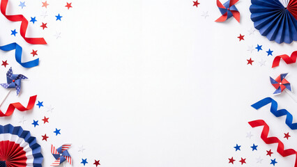 Obraz premium Patriotic pinwheel decorations with paper fans and star confetti border on white for holiday party invitation and social media design 