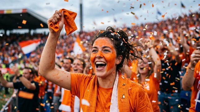 Enthusiastic Dutch football fan with orange face paint celebrating victory in crowded stadium during international tournament championshipNetherlands, Dutch fan, Holland, orange, soccer fan, football 