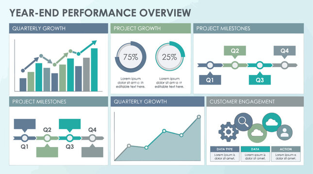 Modern corporate business performance overview dashboard with data analytics charts growth diagrams and project schedule tables
