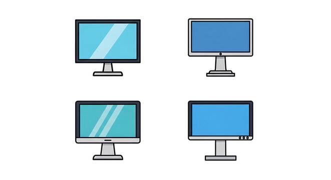 Four minimalist of computer monitors on stands, cyan and blue gradients screen