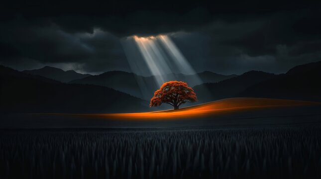 Dramatic sunbeams breaking through dark storm clouds to illuminate a single vibrant autumn tree standing resilient in a moody minimalist mountain landscape