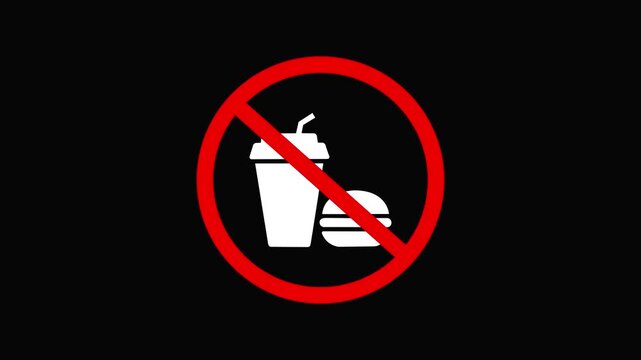 No junk food allowed isolated on transparent background ,No food or drink prohibited sign icon. Fast food and beverage restriction symbol for public transport and retail. 4k video animation 