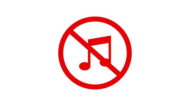 Music ban symbol. Music banned, no music allowed sign on white background animation prohibition sign. music prohibition sign animation. Music no allowed, audio icon animation. Music ban symbol.
