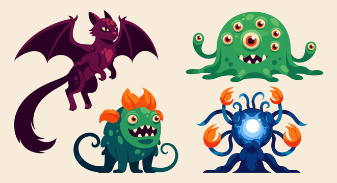Colorful cartoon monsters set on beige background for fantasy designs