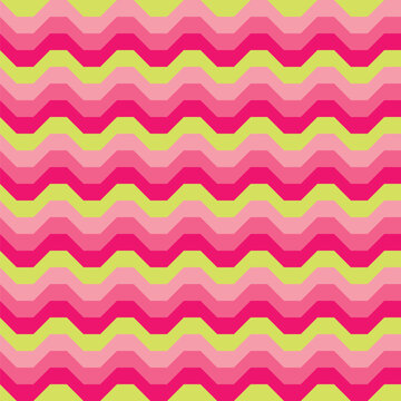 Seamless zigzag pattern created from overlapping neon yellow, bright pink, pink and pale pink trapezoids