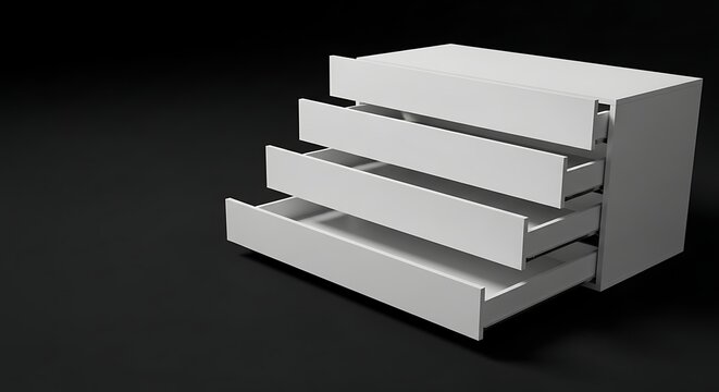 Modern white four-drawer chest with open drawers