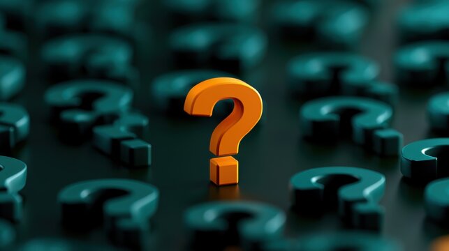 A single orange question mark standing out among many dark teal question marks