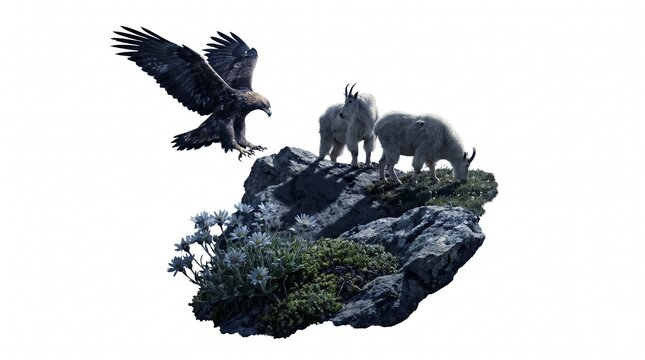 Eagle Attacks Mountain Goats on Rocky Outcrop, Nature Photography, Alpine Environment, Dramatic Viewpoint