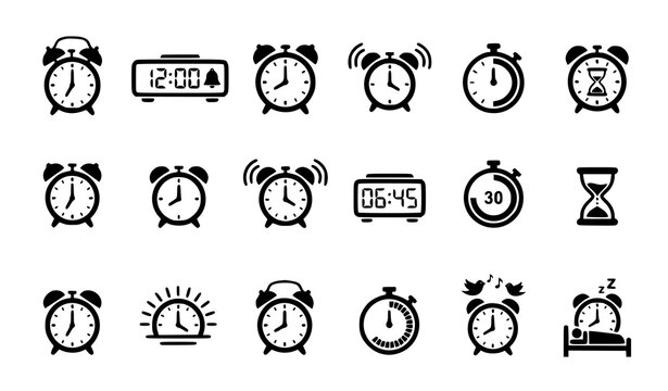 Alarm Clock Icon Vector Set with Timer Wake Up and Schedule Symbols