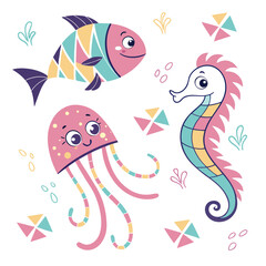 Cartoon undersea friends fish seahorse and jellyfish with seahorse, jellyfish © Ashik