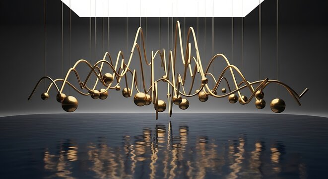 Abstract metallic sphere sculpture with curved rods on a reflective dark surface