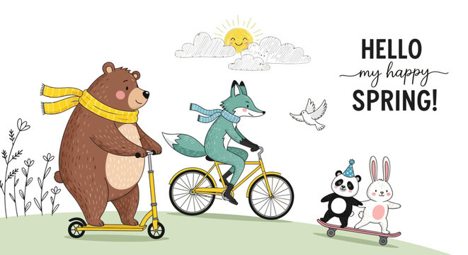 Spring animals, happy cartoon characters, bear on scooter, fox on bicycle, seasonal greeting