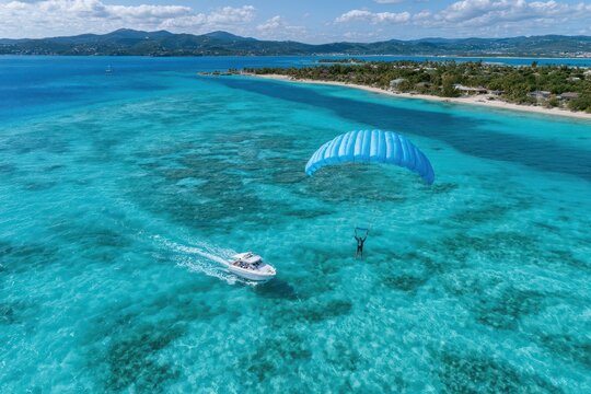 An aerial view of a person parasailing over crystal clear turquoise ocean waters, towed by a speed boat, with a tropical island in the background.