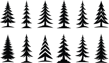 Obraz premium Pine tree silhouette vector set, fir tree vintage forest nature evergreen collection illustration